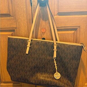 Michael Kors Brown MK Monogram Tote with Tan Straps